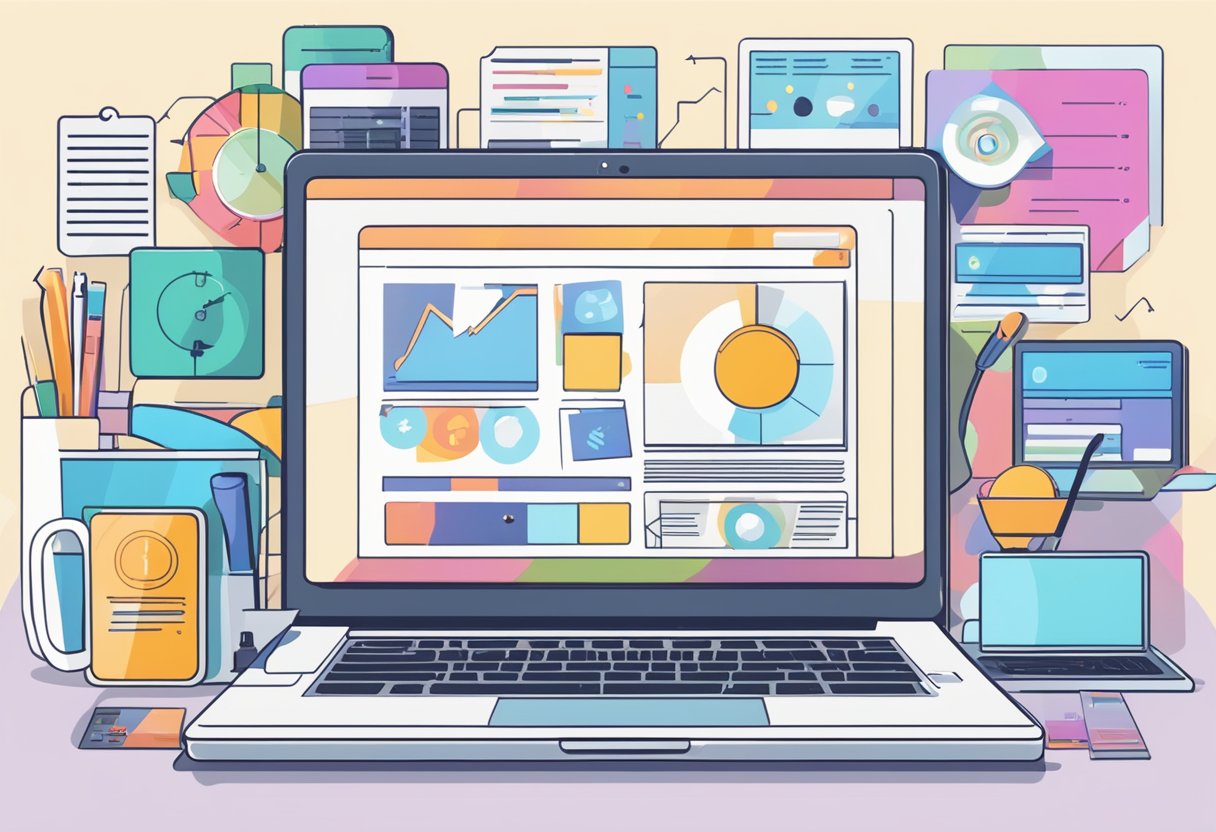 Um laptop cercado por diversas ferramentas e recursos de marketing digital, com um gráfico mostrando o aumento da receita