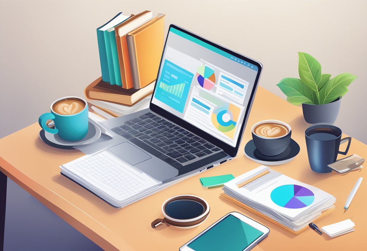 Um laptop e um smartphone em uma mesa com uma xícara de café, rodeados de livros e artigos sobre estratégias de marketing digital